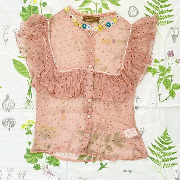 Varun Bahl Beaded Ruffled Nude Pink Polka Dot Sheer Cupro Button Up Blouse XS - Picture 2 of 11